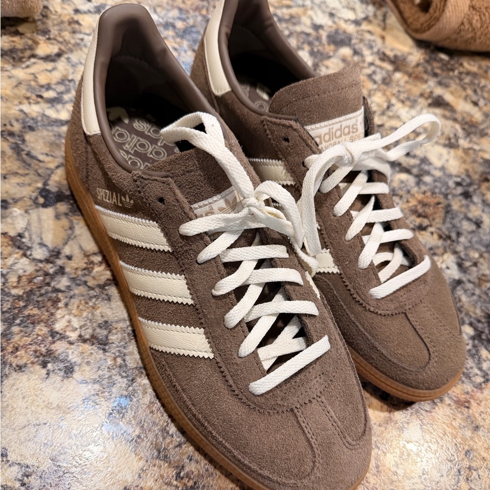 adidas Spezial Chocolate Brown Suede Sneakers with Off-White Stripes - Picture 3 of 6